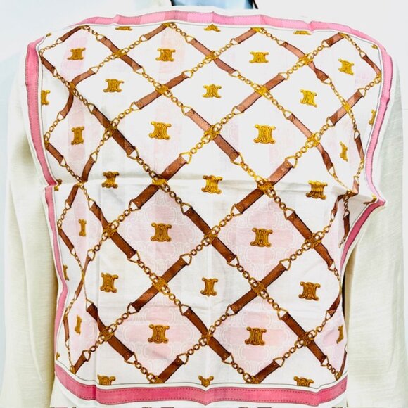 New Unused Celine Paris Mini Scarf/Handkerchief Cotton-Silk19" Pink Gold Logo(61 - Picture 2 of 6